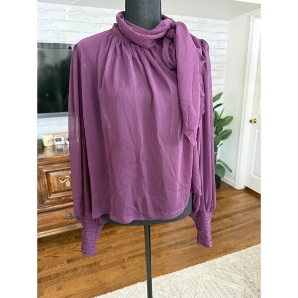 Reset Purple Scarf Neck Button Shoulder Puff Sleeves Blouse Womens Size Large - Picture 1 of 8